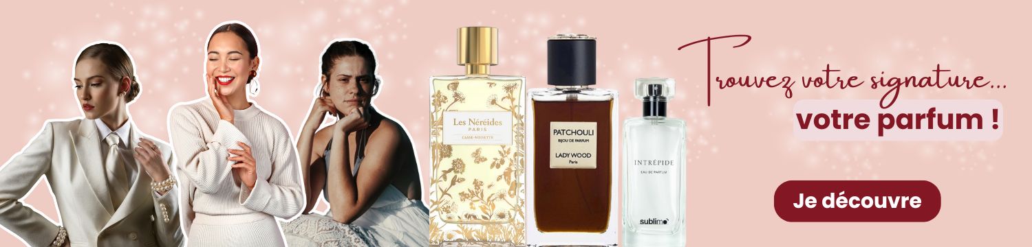 Trois flacons de parfum élégants entourés de jeunes femmes souriantesau looks variés, chic, casual et bohème, avec un arrière-plan doux et apaisant. La bannière invite à découvrir des fragrances envoûtantes avec le slogan : ”Trouvez votre signature… votre parfum ! sur le site jdecboutique.com